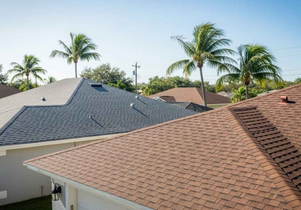 Side-by-side Florida homes with 3-tab and architectural shingle roofs under bright sunlight.