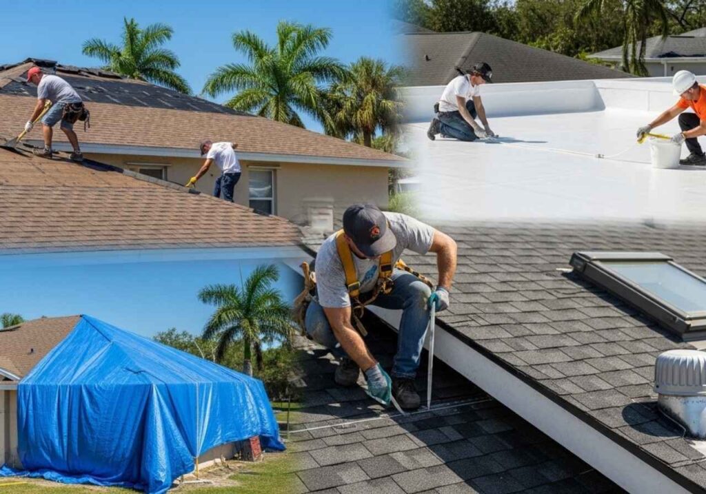 Collage-style image showing residential, commercial, storm, and leak roof repairs in Florida.