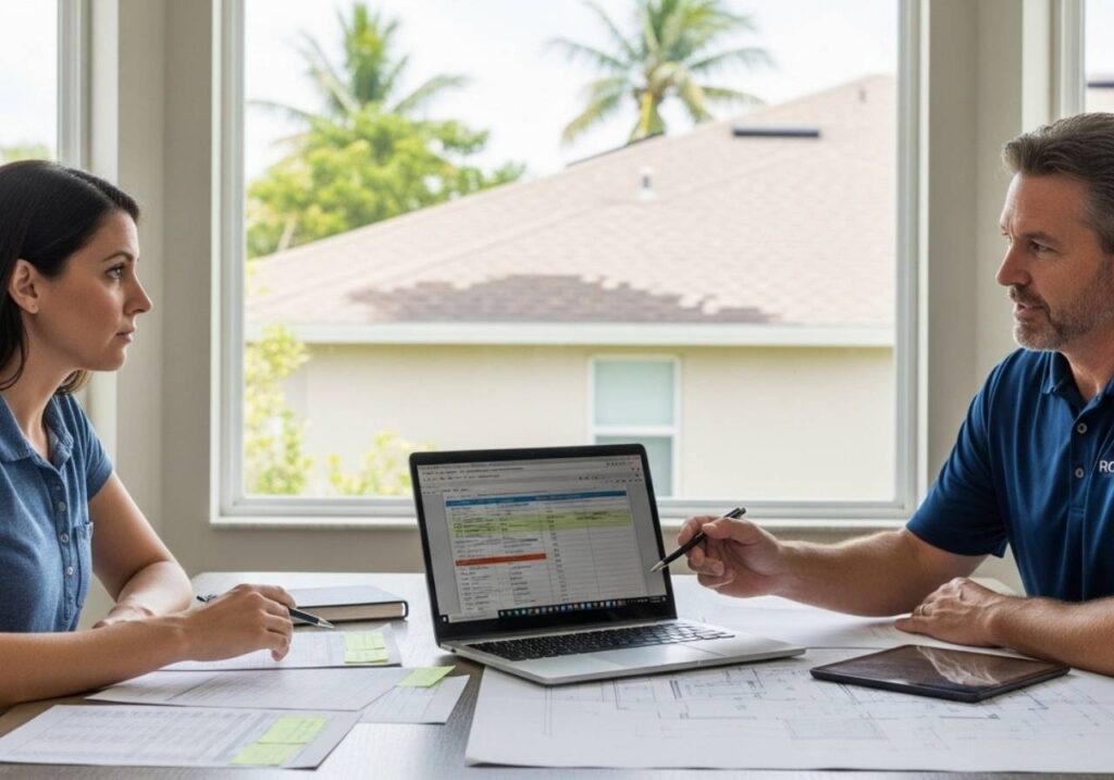 Florida homeowner discusses roof replacement costs and insurance options with a contractor.