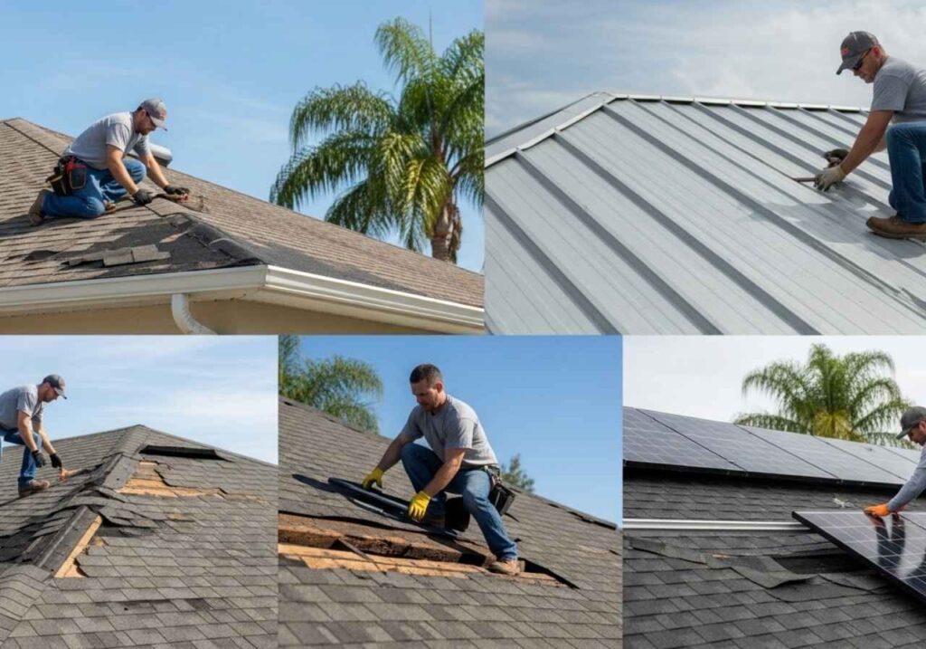 Florida roof repair examples including shingle work, metal panel repair, storm damage inspection, and solar panel removal.