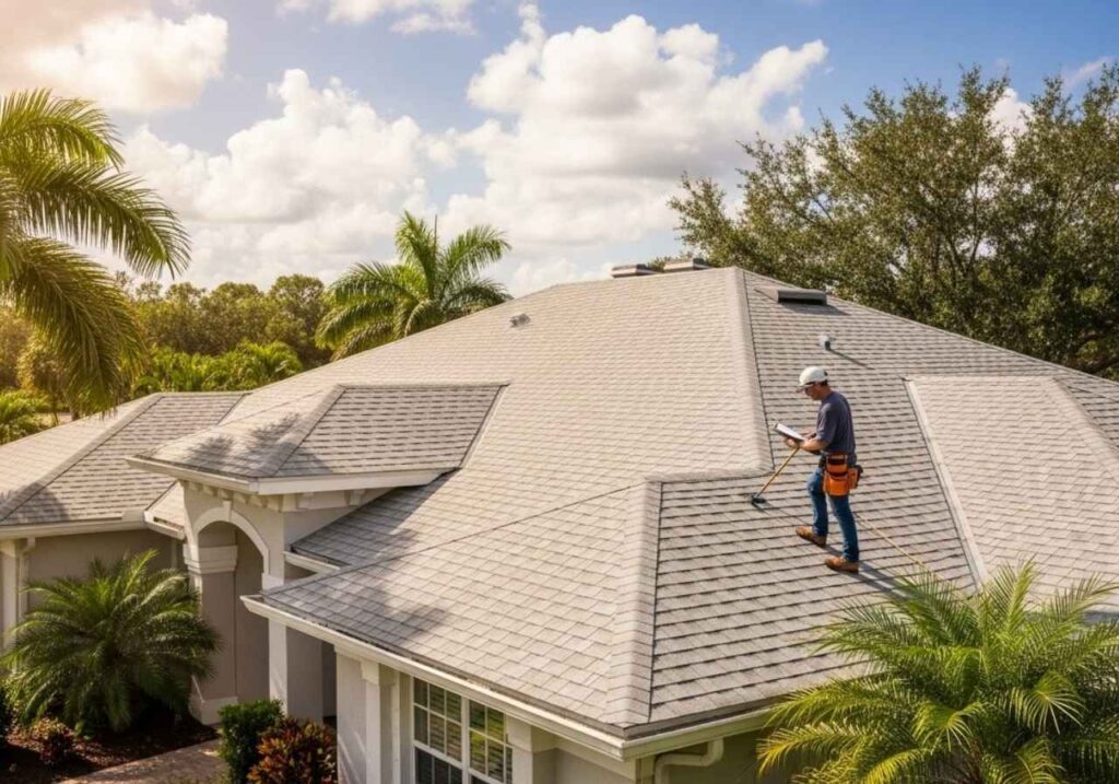 Florida homeowner inspecting a well-maintained roof under sunny skies to prevent future damage.