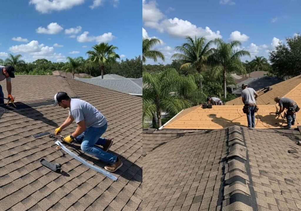 Side-by-side view of minor roof repair and full roof replacement on a Florida home under sunny skies.