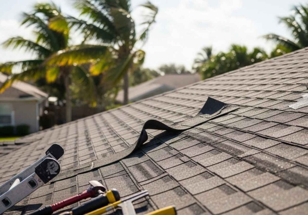 Damaged Florida shingle roof with curling, missing shingles and signs of wear before storm season.