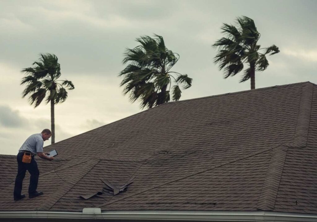Post-storm roof inspection in Florida showing storm damage, lifted shingles, and emergency tarping.