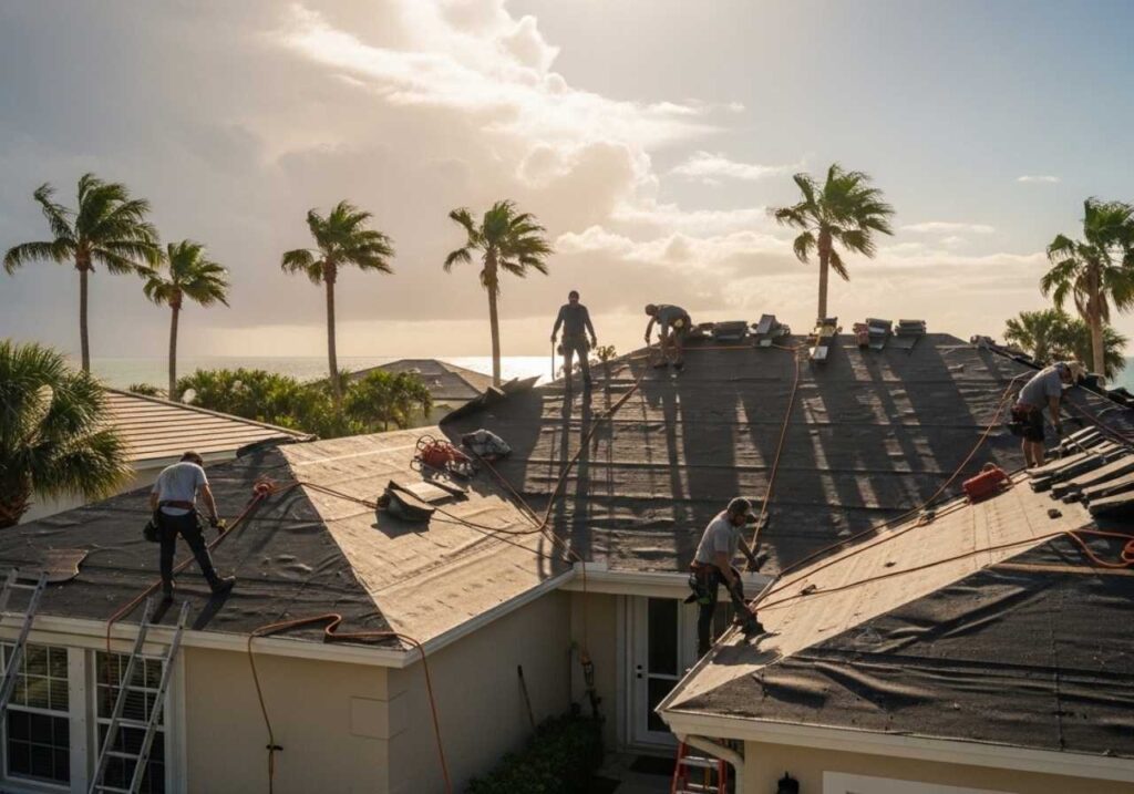 Florida roofing contractors repairing a residential roof under sunny skies with palm trees nearby.