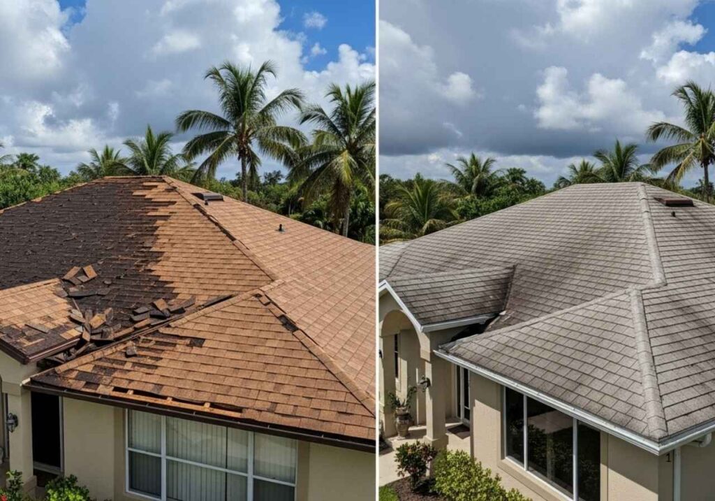 Aging Florida roofs showing signs of damage under humid sunlight, emphasizing early inspection importance for homeowners and businesses.