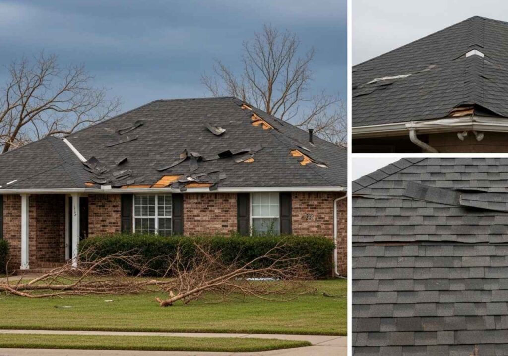 Shingle roof showing visible and hidden hurricane damage after a recent storm.