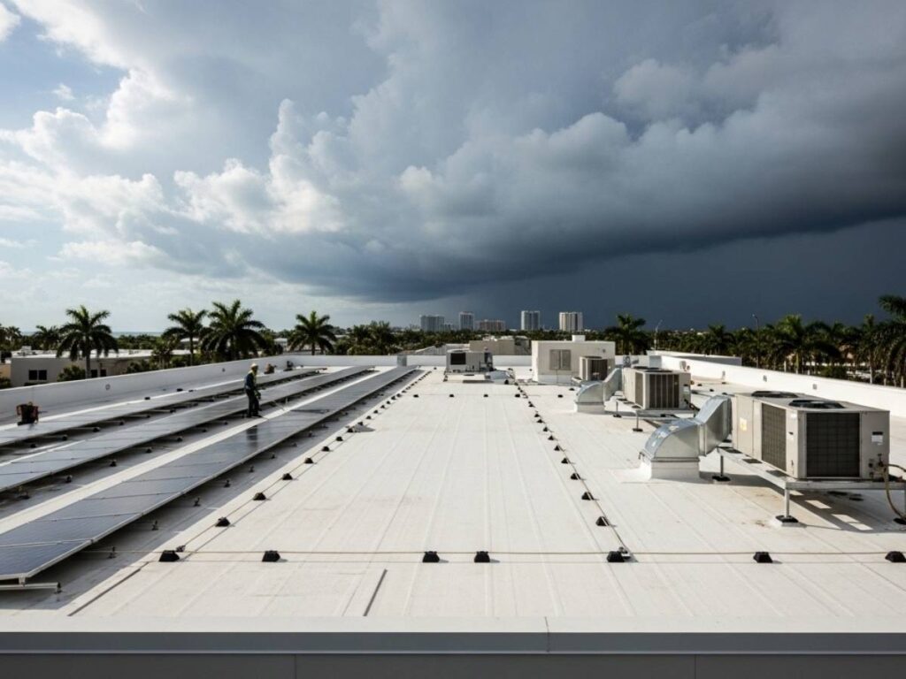 Florida flat roof system with reflective coating, solar panels, and rooftop HVAC designed for durability and energy efficiency.