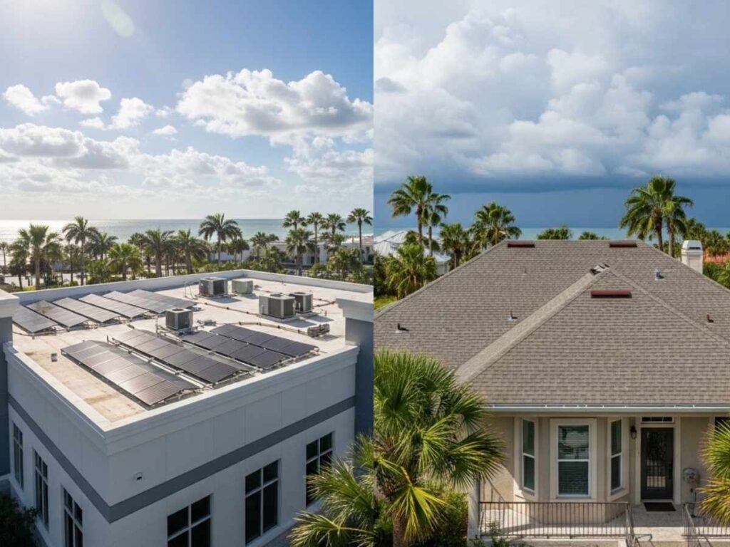 Side-by-side comparison of a Florida building with a flat roof and a home with a traditional pitched roof.