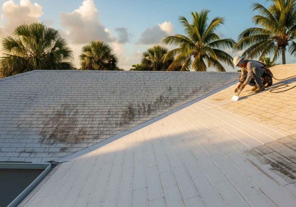 Recoating a sunlit Florida roof to protect against heat, humidity, and water damage.