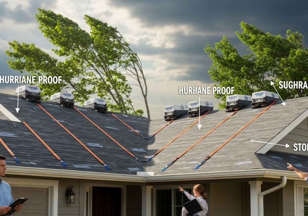 Homeowner and contractor inspect a storm-ready roof under cloudy skies to prevent future hurricane damage.