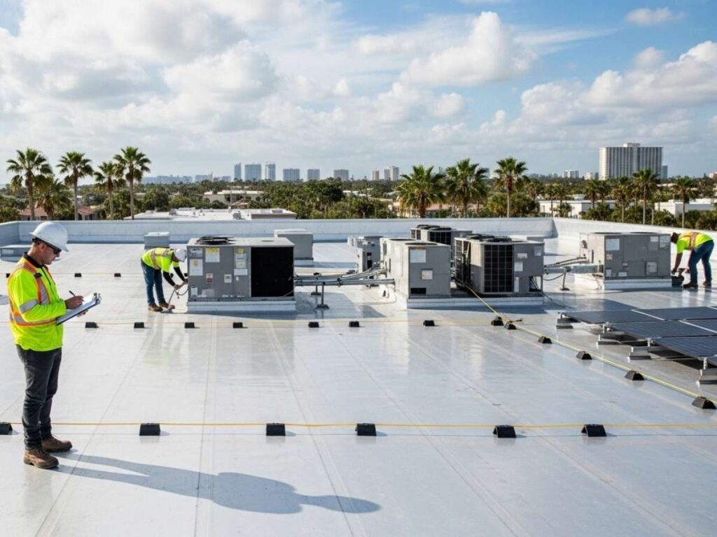 Roofing inspector checking a commercial flat roof in Florida for code compliance and warranty documentation.
