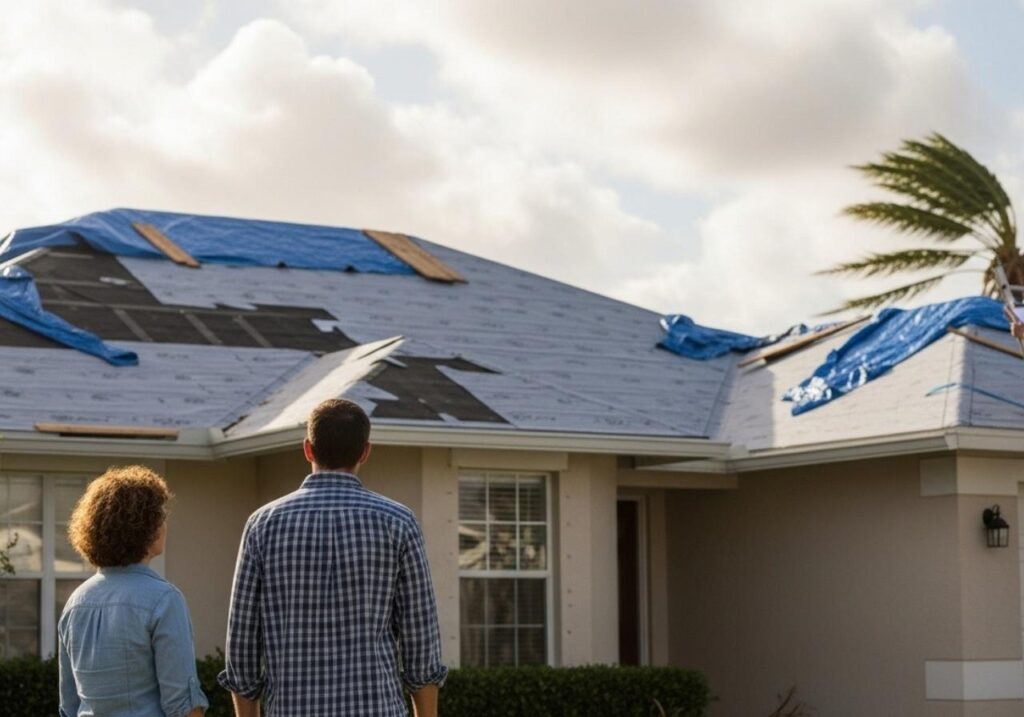 Florida homeowner and roofing contractor assess hurricane damage to a shingle roof during an insurance inspection.