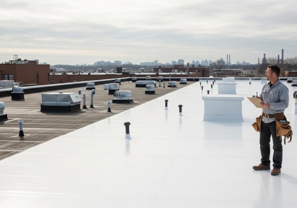 Inspector evaluating a flat roof partially coated with a reflective layer under daylight.