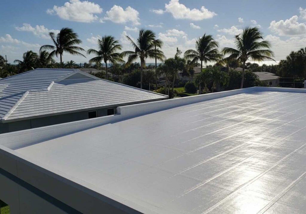 Florida home and commercial building with reflective roof coatings under bright, sunny skies.
