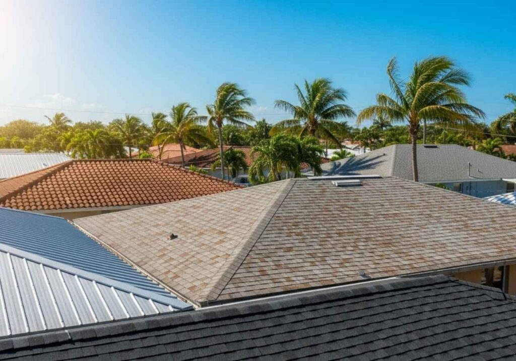 Florida homes with different roofing materials under bright sun, highlighting considerations for weather and energy efficiency.