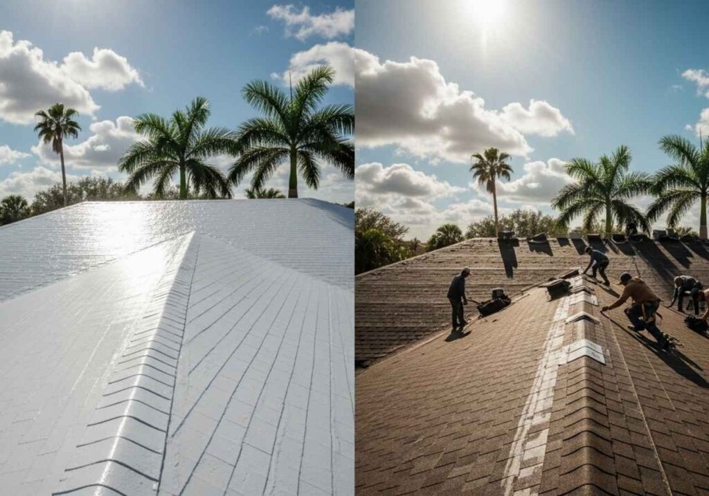 Side-by-side view of a coated roof and a roof under replacement in sunny Florida.