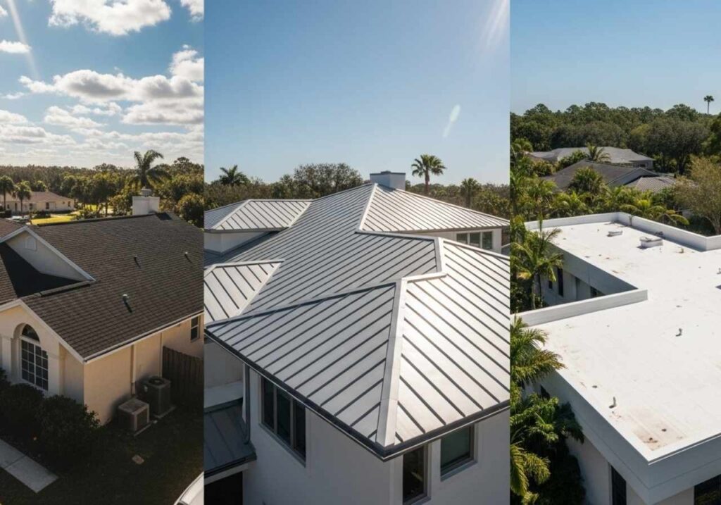 Comparison of asphalt shingles, metal roofing, and flat roof coatings on Florida homes.