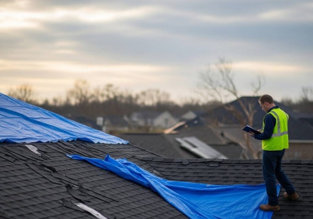 Roof inspector assessing hurricane-damaged home to decide between repair or replacement.