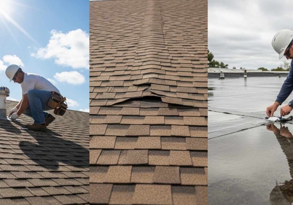 Residential shingle repair and commercial flat roof membrane patching to fix localized storm damage in Florida.