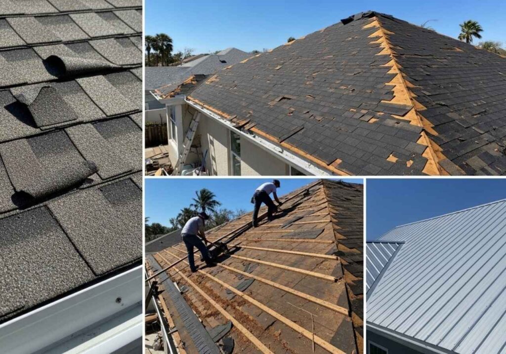 Aging and hurricane-damaged Florida roof being replaced with a new energy-efficient roofing system.