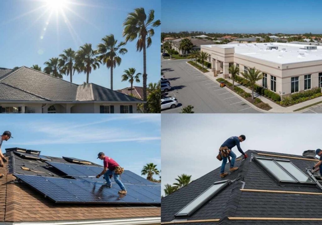 Florida home and commercial building showing new roof, reflective coating, solar panel removal, and skylight installation.