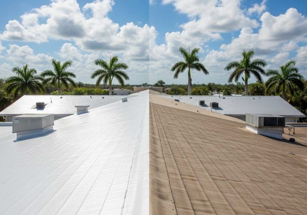 Different roof coatings on Florida homes and businesses under bright sun and tropical conditions.