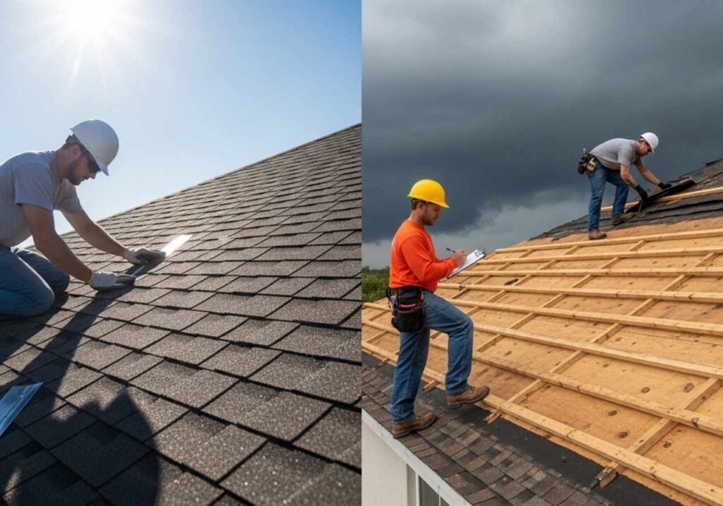 Comparison of roof repair and full roof replacement on a Florida home with inspection and storm clouds in the background.