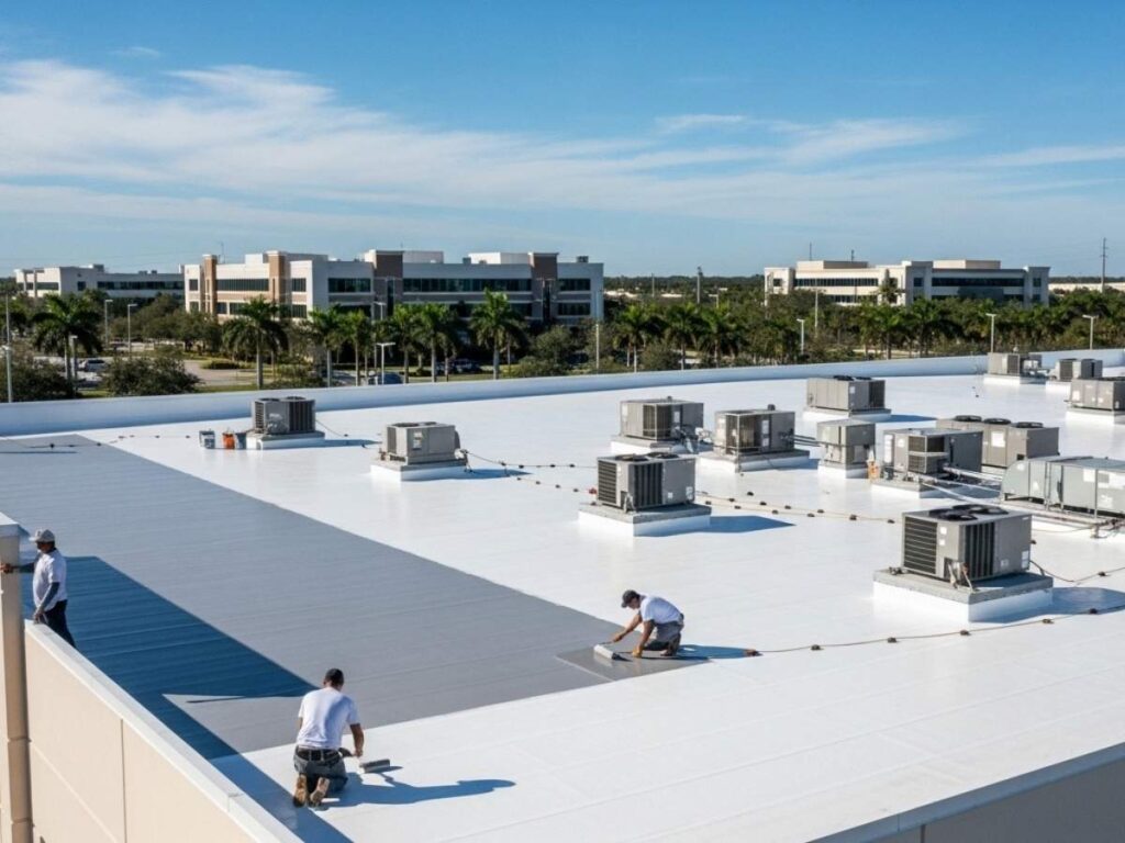 Roofing technicians applying a protective coating on a large commercial flat roof in Florida.