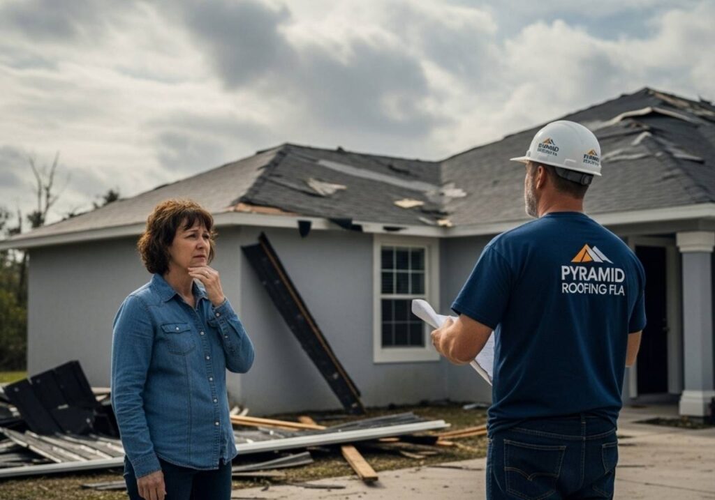Florida homeowner consults roofing contractor after hurricane damage to their home.