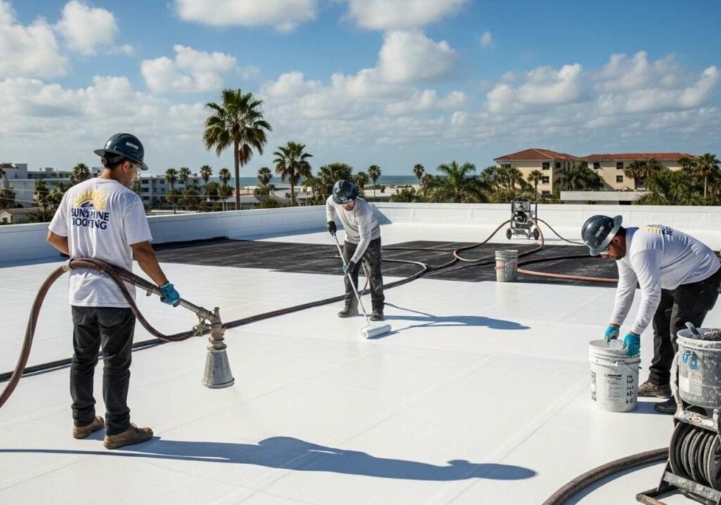 Roofing professionals applying reflective coating on a flat roof in sunny coastal Florida.