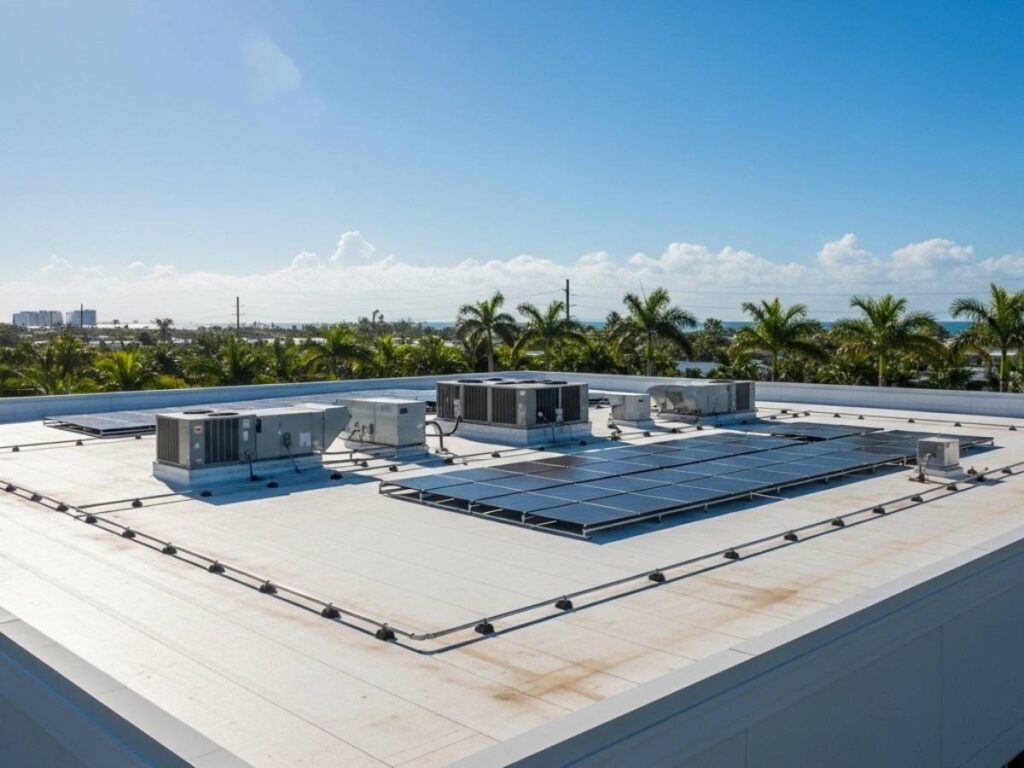 Modern Florida building with a flat roof featuring solar panels and HVAC units under bright coastal sunlight.