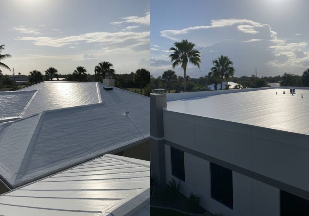 Florida roofs with protective white coatings under sun and stormy skies, showing residential and commercial durability.