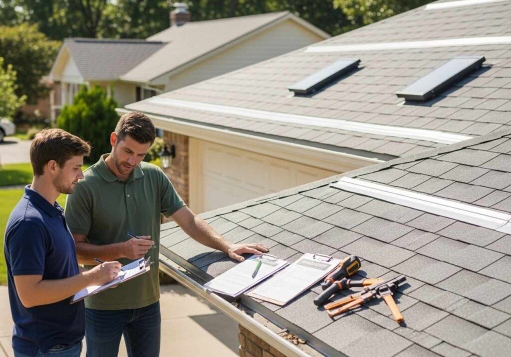 Contractor and homeowner inspect a newly completed residential roof, reviewing final details and warranties.