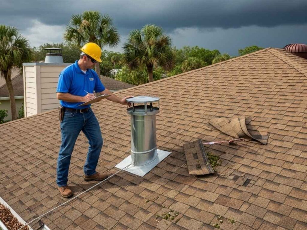 Roof inspector checking shingles, flashing, and gutters on a Florida home before hurricane season.