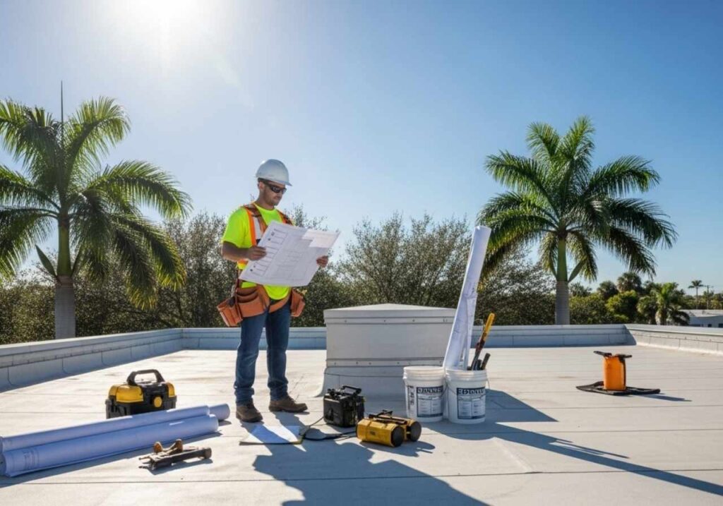 Florida roofing contractor inspecting a flat roof with EPDM materials and safety gear under sunny skies.