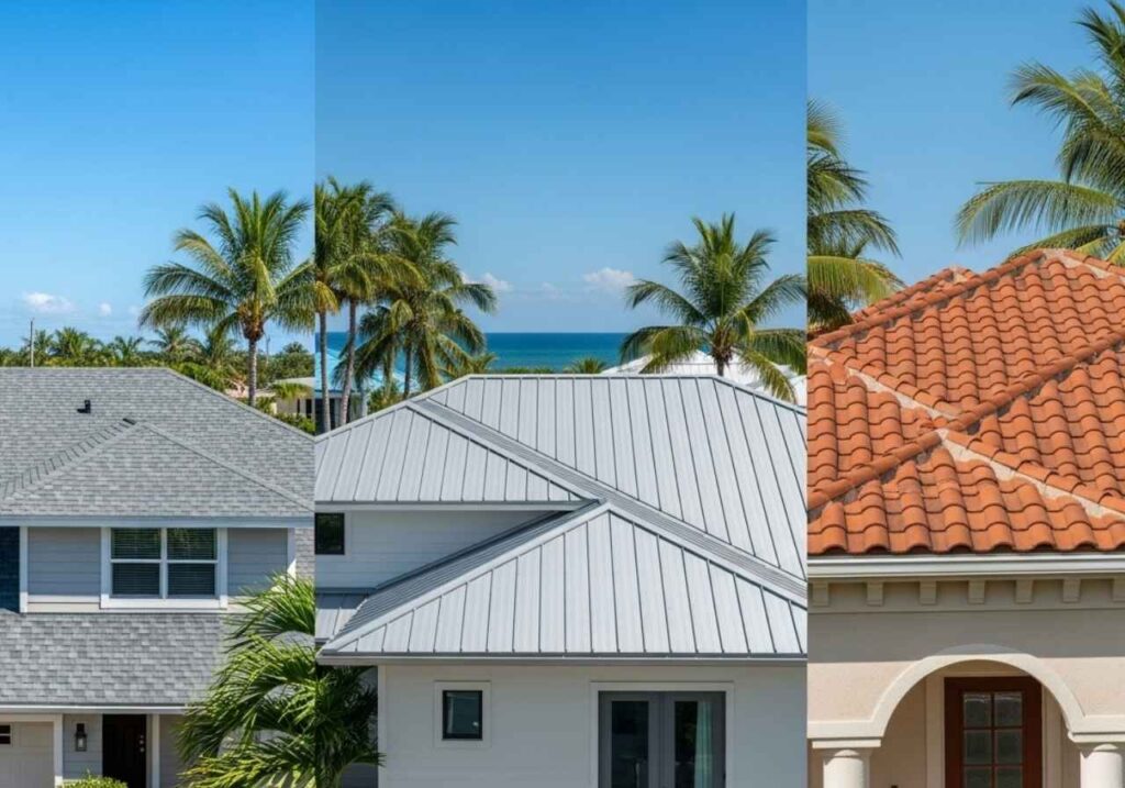 Comparison of asphalt, metal, and tile roofing styles on Florida homes under sunny skies.