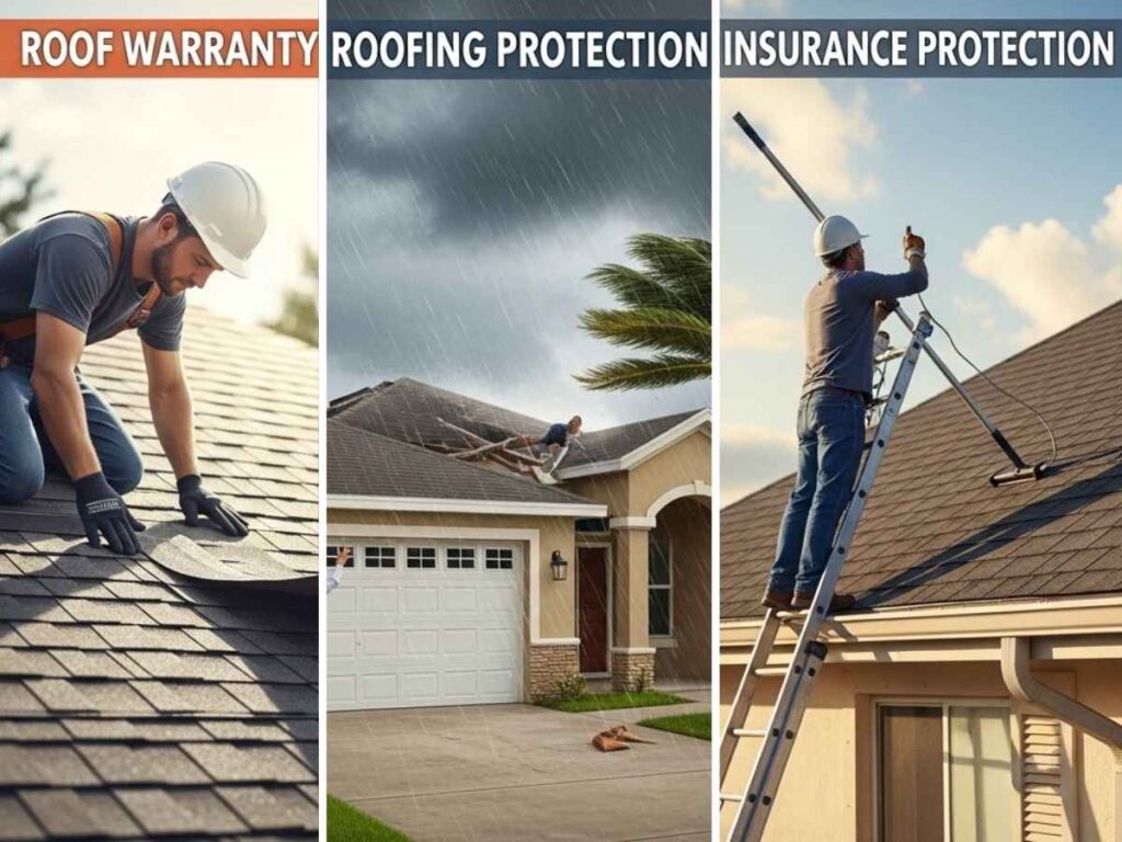 Visual comparison of roof warranty coverage, storm insurance protection, and routine roof maintenance responsibilities.