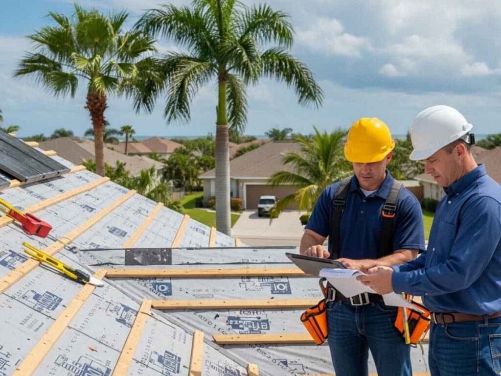Roofing contractor and inspector reviewing hurricane-resistant roofing requirements under Florida building codes.