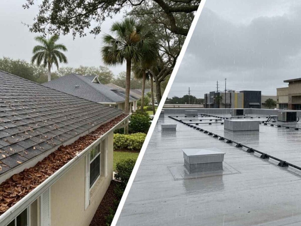 Side-by-side view comparing residential roof gutters and commercial flat-roof drainage systems in Florida.