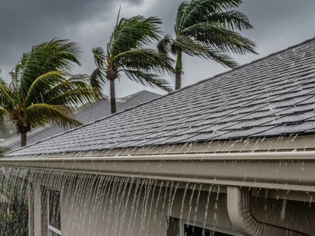 Florida home roof in a heavy rainstorm with gutters channeling water safely away from the house.