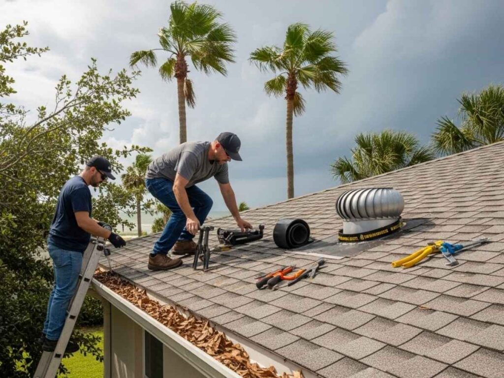 Homeowners preparing a roof for hurricane season by cleaning gutters and inspecting shingles.