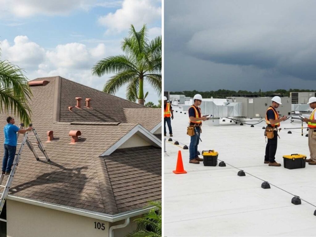 Side-by-side view of residential and commercial roof inspections during hurricane preparation.