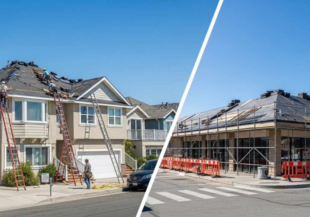 Side-by-side view of residential and commercial roof replacement projects showing key structural differences.