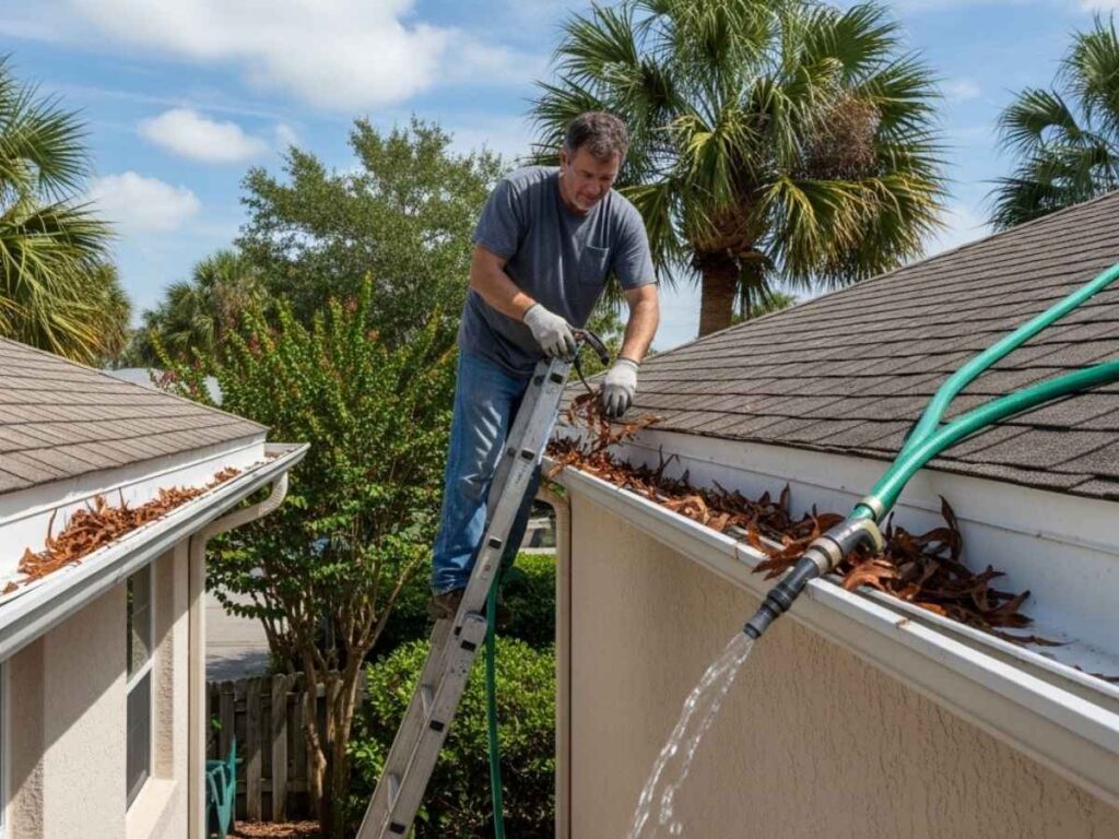 Homeowner cleaning roof gutters on a Florida house to prevent water damage before storm season.