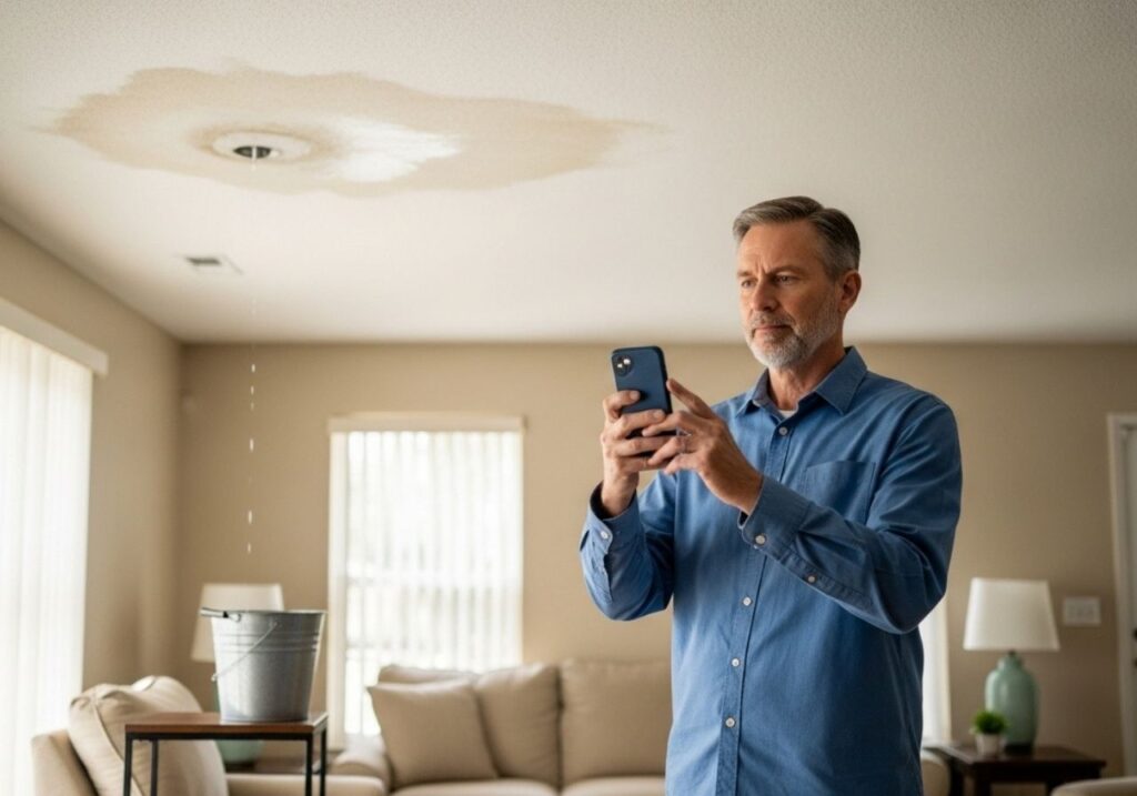 Florida homeowner placing a bucket under a ceiling leak while photographing water damage for inspection and insurance purposes.
