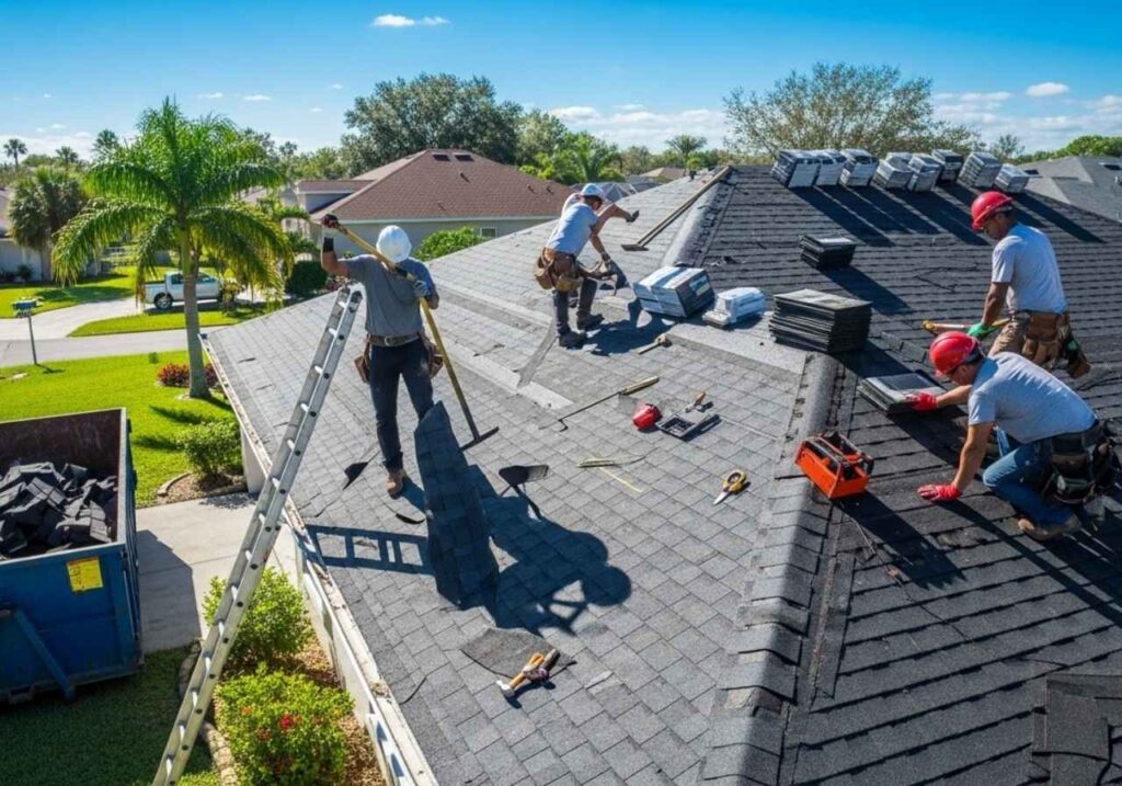 Roof replacement in progress on a Florida home under clear skies, with workers removing and installing shingles.