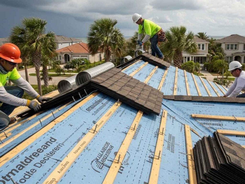 Contractors installing impact-resistant shingles and sealed roof decking to improve hurricane resistance.