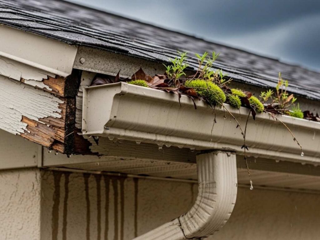 Clogged and sagging roof gutters with plants, water stains, and early fascia rot on a Florida home.