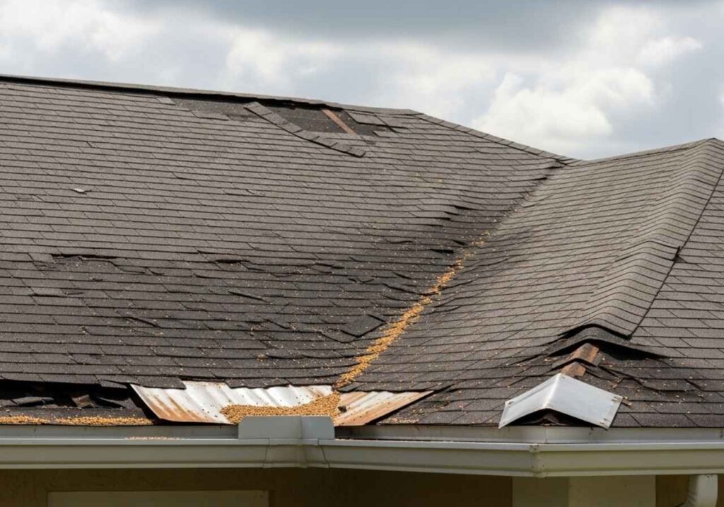 Florida home roof showing missing shingles, sagging roofline, and damaged flashing after a storm.